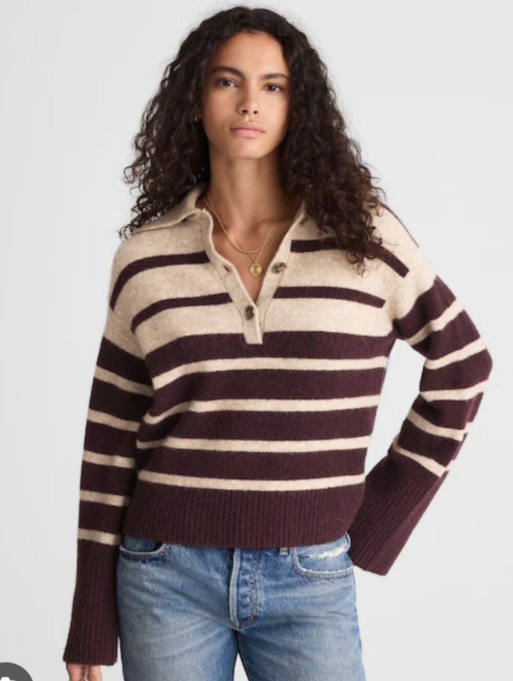 Madewell Cloudsoft Striped Knit Pullover Sweater Wool Mix Beige Dark Brown Sz S - Picture 2 of 8